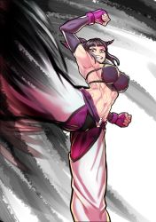 Rule 34 | 1girl, abs, armpits, arms up, breasts, capcom, han juri, highres, kicking, midriff, muscular, muscular female, navel, revealing clothes, sideboob, street fighter, street fighter iv (series)