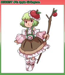 Rule 34 | 1girl, apple, apple girlington, boots, border, branch, character name, closed mouth, detached sleeves, dress, english text, food, fruit, fruit hat, full body, gradient hair, green hair, hat, holding, holding branch, looking to the side, mary cagle, mob cap, multicolored border, multicolored hair, original, parody, puffy detached sleeves, puffy sleeves, red eyes, shirt, short hair, simple background, smile, solo, suspenders, touhou, white background, white shirt, white sleeves