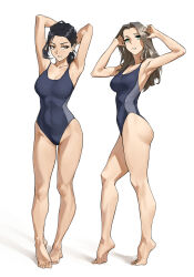 Rule 34 | 2girls, absurdres, armpits, arms behind head, arms up, bare arms, bare legs, bare shoulders, barefoot, black hair, blue one-piece swimsuit, breasts, brown eyes, brown hair, cleavage, competition swimsuit, covered navel, feet, full body, green eyes, highleg, highleg swimsuit, highres, large breasts, long hair, looking at viewer, looking up, multiple girls, one-piece swimsuit, original, parted lips, shadow, simple background, standing, swimsuit, tbocart, tiptoes, toes, white background