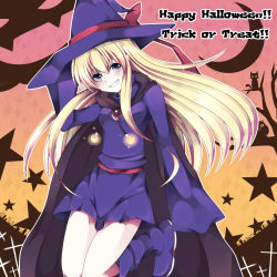 Rule 34 | 1girl, blonde hair, blue eyes, blue footwear, boots, cape, grin, happy halloween, hat, highres, long hair, madou monogatari, multicolored eyes, puyopuyo, red eyes, skirt, smile, solo, trick or treat, witch (puyopuyo), witch hat, yamikage gumi
