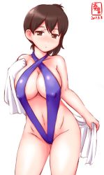 Rule 34 | 10s, 1girl, 2017, artist request, black hair, blue one-piece swimsuit, brown eyes, covered erect nipples, cowboy shot, dated, highleg, highleg swimsuit, highres, kaga (kancolle), kanon (kurogane knights), kantai collection, logo, looking at viewer, one-piece swimsuit, short hair, side ponytail, simple background, slingshot swimsuit, solo, swimsuit, towel, white background