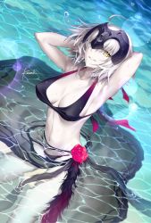 Rule 34 | 1girl, ahoge, arms behind head, arms up, artist name, bikini, black bikini, breasts, cleavage, commentary request, fate/grand order, fate (series), flower, grin, hands in hair, headpiece, jeanne d&#039;arc (fate), jeanne d&#039;arc alter (avenger) (fate), jeanne d&#039;arc alter (fate), kousaki rui, large breasts, looking at viewer, looking to the side, navel, pale skin, partially submerged, rose, sarong, short hair, signature, silver hair, smile, solo, swimsuit, water, water drop, yellow eyes