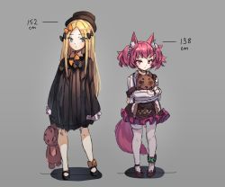 Rule 34 | 2girls, abigail williams (fate), animal ear fluff, animal ears, arknights, black bow, black dress, black footwear, black headwear, blonde hair, blue eyes, blush, bow, brown skirt, closed mouth, commentary, crossover, dress, english commentary, fate/grand order, fate (series), female focus, forehead, frilled skirt, frills, grey background, hair bow, hat, height difference, high heels, holding, holding stuffed toy, long hair, long sleeves, looking at viewer, mary janes, miya (miyaruta), multiple girls, multiple hair bows, hugging object, orange bow, pantyhose, parted bangs, pigeon-toed, pink hair, shadow, shamare (arknights), shirt, shoes, sketch, skirt, sleeves past fingers, sleeves past wrists, standing, stuffed animal, stuffed toy, tail, teddy bear, twintails, very long hair, white legwear, white shirt
