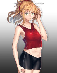 Rule 34 | 1girl, advarcher, alternate costume, artist name, bike shorts, blonde hair, braid, breasts, clenched hand, commentary, fate/grand order, fate (series), french braid, from side, gradient background, green eyes, grey background, hand in own hair, highres, looking at viewer, mordred (fate), mordred (fate/apocrypha), navel, red scrunchie, red shirt, red tank top, scrunchie, shirt, small breasts, solo, tank top, twitter username