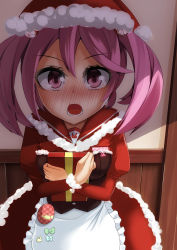 Rule 34 | 10s, 1girl, absurdres, apron, blush, box, christmas, dress, foreshortening, full-face blush, fur trim, gift, gift box, hair bobbles, hair ornament, hat, highres, kantai collection, long sleeves, looking at viewer, luonawei, maid, maid apron, open mouth, pink eyes, pink hair, puffy long sleeves, puffy sleeves, red dress, santa costume, santa hat, sazanami (kancolle), twintails