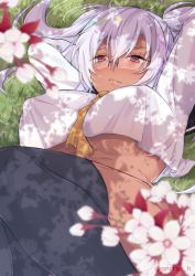 Rule 34 | 1girl, alternate costume, bad id, bad twitter id, black thighhighs, blush, breasts, closed mouth, covered erect nipples, dark-skinned female, dark skin, flower, glasses, kantai collection, large breasts, long hair, lying, musashi (kancolle), neckerchief, on back, on grass, one-hour drawing challenge, platinum blonde hair, red eyes, saiki yuzuri, shirt, solo, thighhighs, twintails, underboob, white shirt, yellow neckerchief
