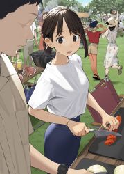 Rule 34 | 1boy, 3girls, alcohol, blue skirt, bracelet, brown eyes, brown hair, brown shorts, carrot, commentary request, cup, douki-chan (douki-chan), douki-kun (douki-chan), dress, drinking glass, earrings, faceless, faceless male, floral print, food, ganbare douki-chan, grass, grill, hat, highres, holding, holding knife, jewelry, knife, kouhai-chan (douki-chan), looking at another, multiple girls, open mouth, outdoors, print dress, red shirt, shinjin-chan (douki-chan), shirt, short hair, short sleeves, shorts, skirt, sleeveless, sleeveless dress, teeth, upper teeth only, watch, white dress, white shirt, yellow headwear, yomu (sgt epper)