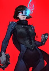 1girl absurdres blue_bodysuit blue_fire blunt_bangs bodysuit braid brown_hair center_cross_lace cowboy_shot crown_braid eye_mask fighting_stance fire gloves glowing glowing_eyes high_collar highres holding holding_weapon lips looking_at_viewer macartni niijima_makoto parted_lips persona persona_5 red_background red_eyes short_hair shoulder_spikes signature solo spiked_knuckles spikes weapon white_gloves