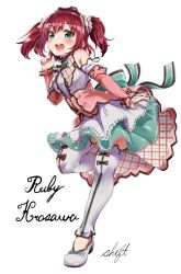 Rule 34 | 1girl, breasts, commentary, corset, dress, full body, green dress, green eyes, hair ribbon, highres, idol, kurosawa ruby, lolita fashion, looking at viewer, love live!, love live! school idol festival, love live! sunshine!!, open mouth, pink dress, red hair, ribbon, ribbon-trimmed legwear, ribbon trim, shift (waage), signature, small breasts, smile, twintails, white background, white legwear