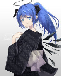 Rule 34 | 1girl, absurdres, arknights, black kimono, blue eyes, blue hair, ear piercing, gradient background, halo, highres, horns, itonatsu, japanese clothes, kimono, long hair, mostima (arknights), piercing, ponytail, signature, smile