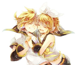 Rule 34 | 1boy, 1girl, bad id, bad pixiv id, bare shoulders, blonde hair, bow, brother and sister, closed eyes, hair bow, hana (mew), headset, hetero, holding hands, interlocked fingers, kagamine len, kagamine rin, midriff, nail polish, navel, open mouth, own hands together, short hair, siblings, simple background, tears, twins, vocaloid, white background