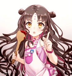 Rule 34 | 1girl, :o, aged down, apron, artist name, badge, black hair, button badge, double bun, fate/grand order, fate (series), gradient background, hair bun, hans christian andersen (fate), index finger raised, long hair, sessyoin kiara, sessyoin kiara (lily), sessyoin kiara (swimsuit mooncancer), signature, siya ho, solo, spatula, two side up, very long hair, wristband, yellow eyes