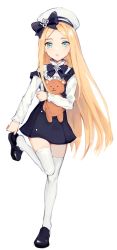 Rule 34 | 1girl, :3, abigail williams (fate), alternate costume, beret, black bow, black dress, black footwear, blonde hair, blue eyes, bow, commentary request, dress, fate/grand order, fate (series), full body, hat, hat bow, highres, hugging object, loafers, long hair, long sleeves, looking at viewer, nara (syrufruit), parted bangs, parted lips, shirt, shoes, sleeveless, sleeveless dress, solo, standing, standing on one leg, stuffed animal, stuffed toy, teddy bear, thighhighs, very long hair, white hat, white shirt, white thighhighs