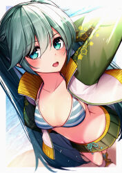 Rule 34 | absurdres, arm behind head, arm up, beach, bikini, bloom, blurry, blush, breasts, collarbone, commentary request, day, depth of field, double-parted bangs, eyes visible through hair, foreshortening, framed, from above, green eyes, green hair, green skirt, hair between eyes, hatsune miku, highres, jacket, jersey (module), light rays, long hair, looking at viewer, looking up, marutenmaruten, medium breasts, miniskirt, navel, ocean, open clothes, open jacket, open mouth, outdoors, partial commentary, pleated skirt, project diva (series), round teeth, scar, scar across eye, skirt, standing, star (symbol), star print, straight hair, striped bikini, striped clothes, swimsuit, teeth, twintails, upturned eyes, very long hair, vocaloid, white jacket