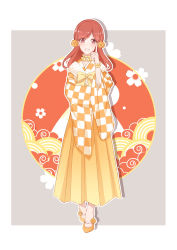 Rule 34 | 1girl, absurdres, alternate costume, blush, brown eyes, brown hair, checkered clothes, checkered kimono, female focus, floral background, flower, full body, grey background, hair flower, hair ornament, hakama, hakama skirt, hand up, highres, index finger raised, japanese clothes, kimono, long hair, long skirt, looking at viewer, mary hunt, matching hair/eyes, mikomiko, otome game no hametsu flag shika nai akuyaku reijou ni tensei shite shimatta, outline, parted lips, pleated skirt, scrunchie, shoes, simple background, skirt, smile, solo, standing, white outline, wide sleeves, wrist scrunchie, yellow footwear, yellow skirt