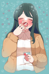Rule 34 | 1girl, :o, blue background, blush, bubble, can, closed eyes, facing viewer, hand up, heart, highres, holding, holding can, indie virtual youtuber, jacket, long hair, long sleeves, shirt, sumi suya, sunao na kapipara, upper body, virtual youtuber, white shirt, yawning, yellow jacket
