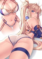 Rule 34 | 1girl, ass, back, bare shoulders, bikini, blonde hair, blue bikini, blue eyes, blush, bradamante (fate), bradamante (third ascension) (fate), braid, breasts, cleavage, crown braid, elbow gloves, fate/grand order, fate (series), gloves, hair between eyes, hair ornament, highres, large breasts, long hair, looking at viewer, looking back, lying, multiple views, navel, on stomach, open mouth, saruei, simple background, swimsuit, thigh strap, thighs, twintails, two-tone bikini, very long hair, white background, white bikini