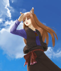 Rule 34 | 00s, 1girl, animal ears, brown hair, cloud, day, holo, long hair, red eyes, retsujin, sky, solo, spice and wolf, wolf ears