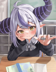 Rule 34 | 1girl, absurdres, ahoge, alternate costume, blush, braid, chalkboard, classroom, commentary, crown braid, desk, fang, fang out, head rest, head tilt, highres, holding, holding pen, hololive, horns, indoors, la+ darknesss, long hair, long sleeves, looking at viewer, multicolored hair, pen, pointing, pointing at viewer, pointy ears, purple hair, school desk, school uniform, side braid, solo, streaked hair, striped horns, taro. (tataroro 1), two-tone hair, virtual youtuber, white hair, yellow eyes