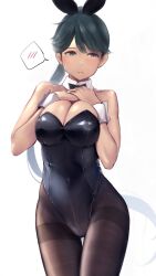 Rule 34 | 1girl, alternate breast size, animal ears, averting eyes, bare shoulders, black bow, black bowtie, black hair, black pantyhose, bow, bowtie, breasts, breasts squeezed together, commentary request, covered navel, detached collar, embarrassed, fake animal ears, highleg, highleg leotard, highres, houshou (kancolle), kantai collection, large breasts, leotard, long hair, pantyhose, playboy bunny, ponytail, rabbit ears, revision, solo, spoken blush, strapless, strapless leotard, thighband pantyhose, very long hair, wa (genryusui), white background, white wrist cuffs, wing collar, wrist cuffs