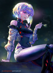 Rule 34 | 1girl, bare shoulders, between fingers, black footwear, black leotard, blue eyes, boots, breasts, canking, cigarette, commentary request, covered navel, cropped jacket, cyberpunk (series), cyberpunk edgerunners, feet out of frame, grey hair, grey jacket, grey pantyhose, holding, holding cigarette, jacket, knee boots, leotard, long sleeves, looking at viewer, lucy (cyberpunk), medium breasts, night, night sky, off shoulder, open clothes, open jacket, outdoors, pantyhose, parted lips, puffy long sleeves, puffy sleeves, short hair, sitting, sky, solo, watermark, web address