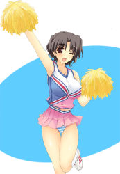 Rule 34 | 1girl, arm up, blush, breasts, cheerleader, large breasts, looking at viewer, mature female, one eye closed, open mouth, panties, pantyshot, pom pom (cheerleading), simple background, skirt, smile, solo, striped clothes, striped panties, to heart, to heart (series), to heart 2, underwear, upskirt, wink, yuzuhara haruka, zekkyon