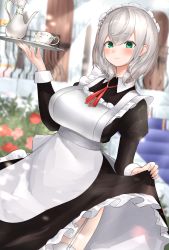 Rule 34 | 1girl, absurdres, alternate costume, apron, bad id, bad pixiv id, black dress, blurry, blurry background, blush, breasts, closed mouth, cup, dress, enmaided, frilled dress, frills, garter belt, garter straps, green eyes, highres, holding, holding tray, hololive, large breasts, long sleeves, looking at viewer, maid, maid apron, maid headdress, medium hair, outdoors, red neckwear, shirogane noel, solo, take (take143000), teacup, teapot, tray, virtual youtuber, white apron, white hair, white legwear