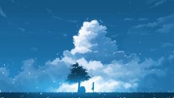 Rule 34 | 1girl, backlighting, blue sky, blue theme, cloud, day, field, from side, hati 98, highres, light particles, long hair, monochrome, original, outdoors, scenery, silhouette, sky, solo, standing, tree