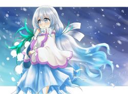 Rule 34 | 1girl, blue background, blue eyes, blue hair, dated, flower, gradient background, hair ornament, hisin, leaf hair ornament, long hair, ribbon, snow, solo, tagme, ursula (xenoblade), watermark, xenoblade chronicles (series), xenoblade chronicles 2