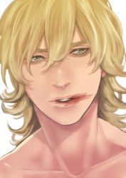 Rule 34 | 10s, 1boy, bad id, bad pixiv id, barnaby brooks jr., blonde hair, blood, blood from mouth, close-up, collarbone, green eyes, green hair, hair between eyes, lips, long hair, looking at viewer, male focus, parted lips, solo, sugarrr, thick eyebrows, tiger &amp; bunny, upper body