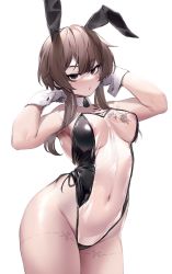 Rule 34 | 1girl, animal ears, arched back, areola slip, black eyes, breast tattoo, breasts, brown hair, cowboy shot, cut-here line, detached collar, fake animal ears, gloves, highres, karinn (ka941), kuudere, large breasts, leotard, looking at viewer, meme attire, navel, nine (kanine41), original, playboy bunny, rabbit ears, see-through, see-through leotard, simple background, solo, tattoo, translucent bunnysuit, white background, white gloves, wrist cuffs