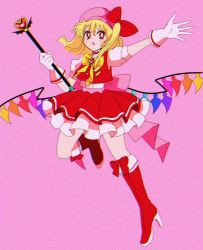 Rule 34 | 1990s (style), 1girl, blonde hair, boots, bow, cardcaptor sakura, crystal, dress, film grain, flandre scarlet, footwear bow, frilled skirt, frills, gem, gloves, hanadi detazo, hat, high heel boots, high heels, highres, magical girl, mob cap, open mouth, puffy short sleeves, puffy sleeves, red bow, red eyes, red skirt, red vest, retro artstyle, ribbon, shirt, short hair, short sleeves, side ponytail, simple background, skirt, solo, staff, touhou, translation request, vest, white gloves, white shirt, wings, yellow bow, yellow neckwear