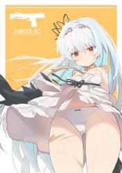 Rule 34 | 1girl, absurdres, aged down, bare shoulders, border, bow, bow panties, bright pupils, character name, cowboy shot, dress, from below, girls&#039; frontline, gluteal fold, hair ornament, highres, jingo, long hair, looking at viewer, looking down, official alternate costume, panties, pantyshot, parted lips, red eyes, scar, silver hair, simple background, solo, standing, thighs, thunder (girls&#039; frontline), thunder (lenore&#039;s raven) (girls&#039; frontline), underwear, upskirt, white border, white dress, white panties, wind, wind lift, yellow background