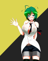 Rule 34 | 1girl, absurdres, ahoge, alternate breast size, antennae, arm behind back, bare shoulders, belt, black background, black shorts, black thighhighs, blush, breasts, button gap, collared shirt, commentary request, covered erect nipples, green eyes, green hair, highres, inagoya, large breasts, looking at viewer, open mouth, shirt, shorts, solo, thighhighs, touhou, two-tone background, white shirt, wriggle nightbug, yellow background
