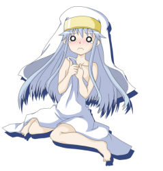 Rule 34 | 00s, 1girl, bad anatomy, bad feet, barefoot, blue hair, blush, chika (artist), covering privates, feet, full body, habit, index (toaru majutsu no index), long hair, nude, nude cover, o o, poorly drawn, simple background, solo, tears, toaru majutsu no index