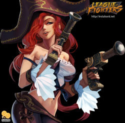 Rule 34 | 1girl, 2gold, black background, blue eyes, detached sleeves, dual wielding, gun, hat, holding, holding weapon, league of legends, long hair, midriff, miss fortune (league of legends), navel, open mouth, pants, pirate, pirate hat, red hair, smirk, solo, tank top, tricorne, weapon