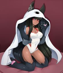 Rule 34 | 1girl, absurdres, animal ears, animal hands, anubis (monster girl encyclopedia), bad link, belt collar, black hair, blanket, blunt bangs, blush, breasts, brown background, cleavage, closed mouth, collar, commission, competition swimsuit, cosplay, covered navel, dark-skinned female, dark skin, ears through headwear, fate/grand order, fate (series), highres, impossible clothes, impossible swimsuit, jun-kou, kneeling, large breasts, long hair, looking at viewer, medjed (fate), medjed (fate) (cosplay), monster girl, monster girl encyclopedia, nitocris (fate), nitocris (fate/grand order), nitocris (swimsuit assassin) (fate), nitocris (swimsuit assassin) (fate) (cosplay), nitocris (swimsuit assassin) (second ascension) (fate), one-piece swimsuit, red eyes, second-party source, smile, solo, swimsuit, tail, very long hair, white one-piece swimsuit, wolf ears, wolf tail