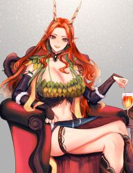 1girl absurdres alcohol breasts cleavage commentary_request commission crossed_legs cup drinking_glass drinking_straw earrings goat_girl goat_horns gradient_background highres horns huge_breasts jewelry looking_at_viewer milk4290 navel original parted_bangs pointy_ears red_eyes red_hair sitting sitting_on_throne skeb_commission solo teeth thigh_strap wine wine_glass