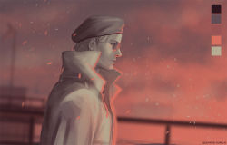 Rule 34 | 1boy, artist name, beret, blurry, coat, color guide, depth of field, expressionless, film grain, from side, hat, high collar, kazuhira miller, male focus, metal gear (series), metal gear solid v: the phantom pain, outdoors, railing, see hang, short hair, solo, sunglasses, tagme, tumblr username, upper body