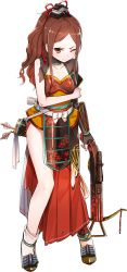 Rule 34 | 1girl, ;(, arrow (projectile), artist request, bowgun, brown hair, collarbone, full body, hair ornament, holding, holding weapon, long hair, murao (oshiro project), official art, orange eyes, oshiro project:re, oshiro project:re, parted bangs, quiver, solo, torn clothes, transparent background, weapon