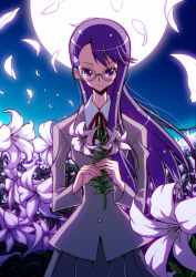Rule 34 | 10s, 1girl, dress, eyelashes, female focus, flower, frown, glasses, heartcatch precure!, lily (flower), long hair, moon, nature, night, outdoors, petals, plant, precure, purple eyes, purple hair, school uniform, serious, shirono, sky, solo, tsukikage yuri