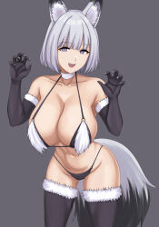 1girl absurdres animal_ears bikini black_gloves breasts choker claws cleavage cowboy_shot cyka fang fox_ears fox_tail fur-trimmed_bikini fur-trimmed_gloves fur_trim girls&#039;_frontline gloves halloween highres large_breasts leaning_forward open_mouth purple_eyes rpk-16_(girls&#039;_frontline) simple_background smile swimsuit tail thighhighs