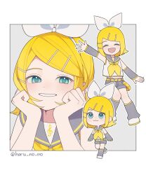 Rule 34 | 1girl, :3, aqua eyes, artist name, belt, blonde hair, chibi, detached sleeves, grey sailor collar, hair ornament, hairclip, half-closed eyes, hands on own face, haru no no, highres, kagamine rin, knees together feet apart, leg warmers, looking at viewer, midriff peek, multiple views, neckerchief, open mouth, sailor collar, treble clef, vocaloid, waving, yellow belt, yellow neckerchief