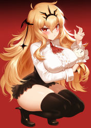 Rule 34 | 1girl, ascot, black dress, black rock shooter, black thighhighs, blonde hair, blush, breasts, center frills, chariot (black rock shooter), closed mouth, collared shirt, crown, dress, dress shirt, frills, high heels, highres, large breasts, long hair, long sleeves, looking at viewer, m-da s-tarou, oppai loli, red ascot, red background, red eyes, shirt, short dress, solo, squatting, stuffed toy, thighhighs, thighs, underbust, white shirt
