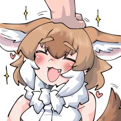 Rule 34 | 1girl, animal ears, bare shoulders, blush, bow, brown hair, commentary, dhole (kemono friends), disembodied hand, dog ears, dog girl, dog tail, extra ears, fang, hand on another&#039;s head, headpat, heart, highres, kemono friends, kemono friends 3, multicolored hair, niboshi (niboshi aruku), open mouth, petting, shirt, short hair, sleeveless, smile, tail, two-tone hair, white hair
