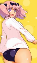 Rule 34 | + +, 10s, 1girl, :d, ass, blue eyes, blush, blush stickers, bow, breasts, buruma, from behind, hair bow, hibari (senran kagura), huge breasts, jacket, large breasts, looking back, momo (fruits box), open mouth, pink hair, senran kagura, short hair, short twintails, simple background, smile, solo, striped, symbol-shaped pupils, track jacket, track suit, twintails, yellow background