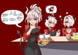 3girls, absurdres, apron, artist request, bangs, black apron, black horns, black vest, blunt bangs, blush, breasts, cleavage, clothes writing, cross, cross necklace, demon girl, demon horns, demon tail, english text, eyeshadow, fingernails, food, fork, formal, helltaker, helltaker (character), highres, horns, jewelry, large breasts, lip piercing, looking at viewer, lucifer (helltaker), makeup, malina (helltaker), mole, multiple girls, necklace, one eye closed, one eye covered, pancake, pancakes, phone, piercing, ponytail, red eyes, red shirt, shirt, siblings, sister, tail, thought bubble, vest, white hair, white horns, wink, zdrada (helltaker)