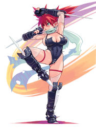 Rule 34 | 1girl, arm blade, arms up, blade, blue eyes, breasts, earrings, fighting stance, full body, gloves, highres, jewelry, large breasts, leg up, mugen no fantasia, pointy ears, red hair, ryoji (nomura ryouji), scarf, solo, spiked gloves, spikes, thighhighs, tiptoes, twintails, weapon