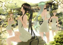 Rule 34 | 10s, 1boy, 3girls, adjusting hair, anastasia nikolaevna romanova, aqua hair, arm at side, arm behind head, ass, bath, black hair, blonde hair, blue eyes, blue hair, branch, breast hold, breasts, bush, clenched hands, drifters, eyes visible through hair, flat chest, frown, fujiwara riyu, glasses, green theme, hair over one eye, hair ribbon, hand on own hip, head tilt, jeanne d&#039;arc (drifters), large breasts, long hair, looking at viewer, looking to the side, multiple girls, naked towel, nasu no yoichi, olmine, onsen, open mouth, outdoors, plant, ponytail, ribbon, rock, short hair, sidelocks, sideways glance, sitting, smile, standing, towel, trap, twintails, very long hair, wading, water