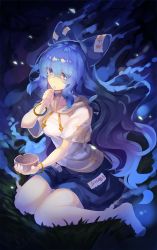 Rule 34 | 1girl, absurdres, aura, bangle, barefoot, blue bow, blue eyes, blue hair, blue skirt, bow, bracelet, breasts, commentary request, cup, debt, drawstring, falken (yutozin), full body, grass, hair bow, highres, holding, holding cup, hood, hoodie, jewelry, long hair, looking at viewer, medium breasts, miniskirt, short sleeves, sitting, skirt, solo, thighs, thumb sucking, touhou, very long hair, wariza, wavy hair, white hoodie, yorigami shion